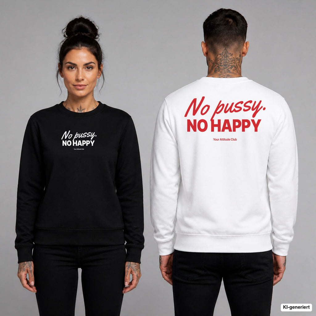 No pussy. No happy – Pullover unisex mit Frontprint (Frau, Schwarz) und Backprint (Mann, Weiß)
