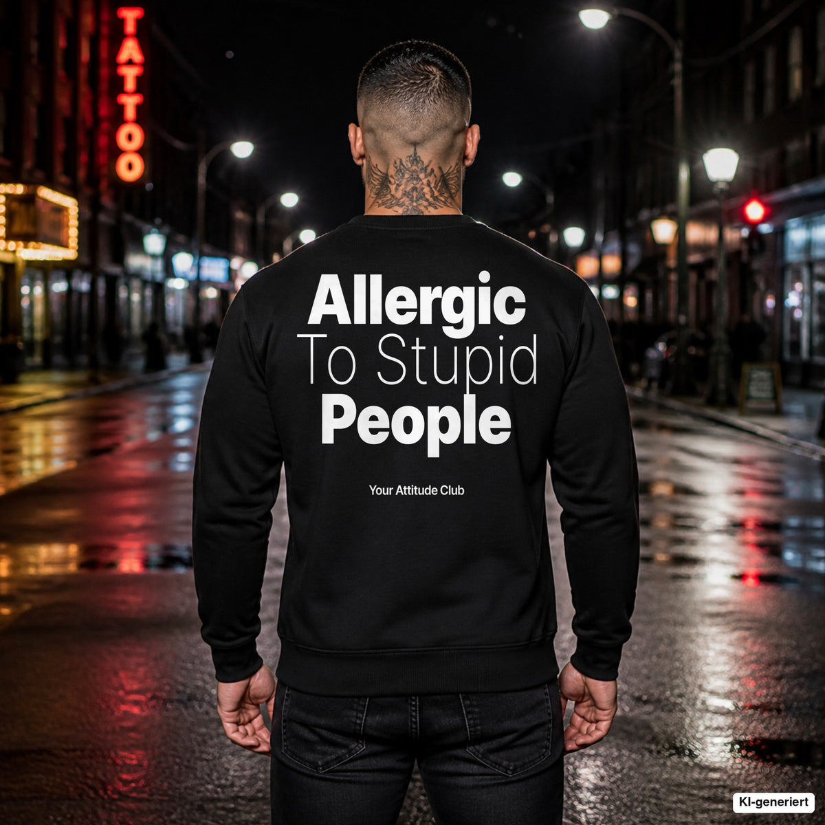 Allergic to stupid people – schwarzer Pullover mit weißem Backprint, Herren in der Stadt bei Nacht
