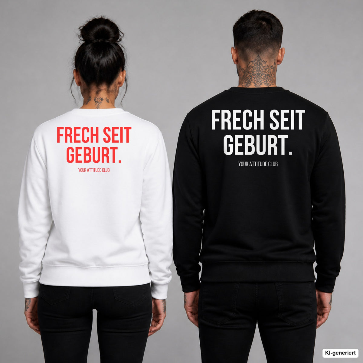 FRECH SEIT GEBURT. – Pullover mit Backprint, Frau in Weiß mit rotem und Mann in Schwarz mit weißem Aufdruck