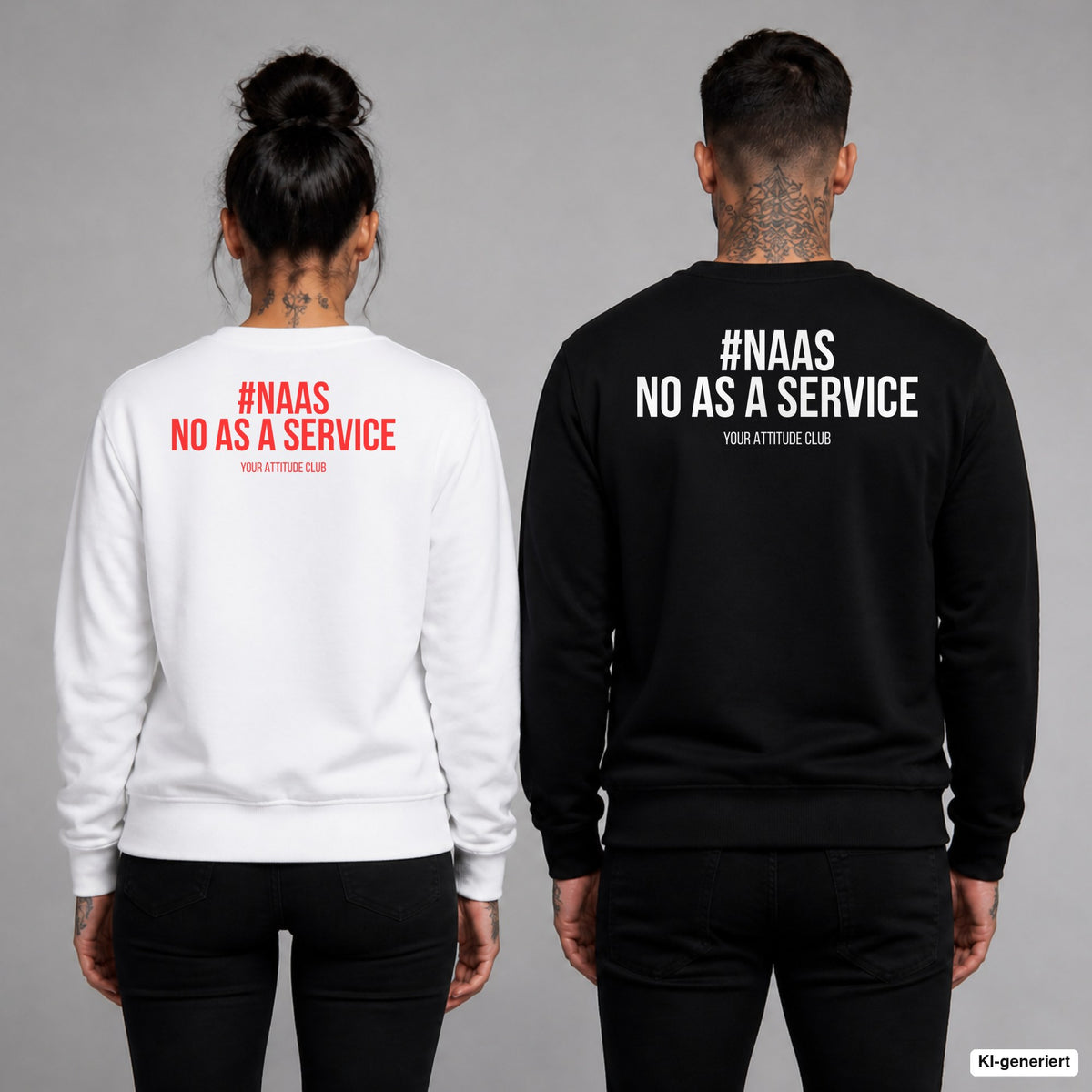 Naas – no as a service – Pullover mit Backprint, Frau in Weiß mit rotem und Mann in Schwarz mit weißem Aufdruck