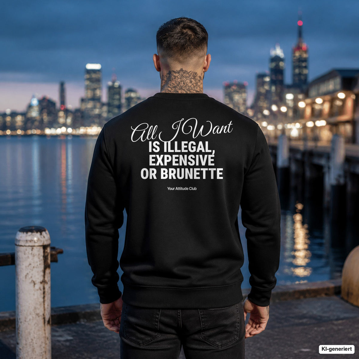 All I want is illegal, expensive or brunette – schwarzer Pullover mit weißem Backprint, Herren am Hafen