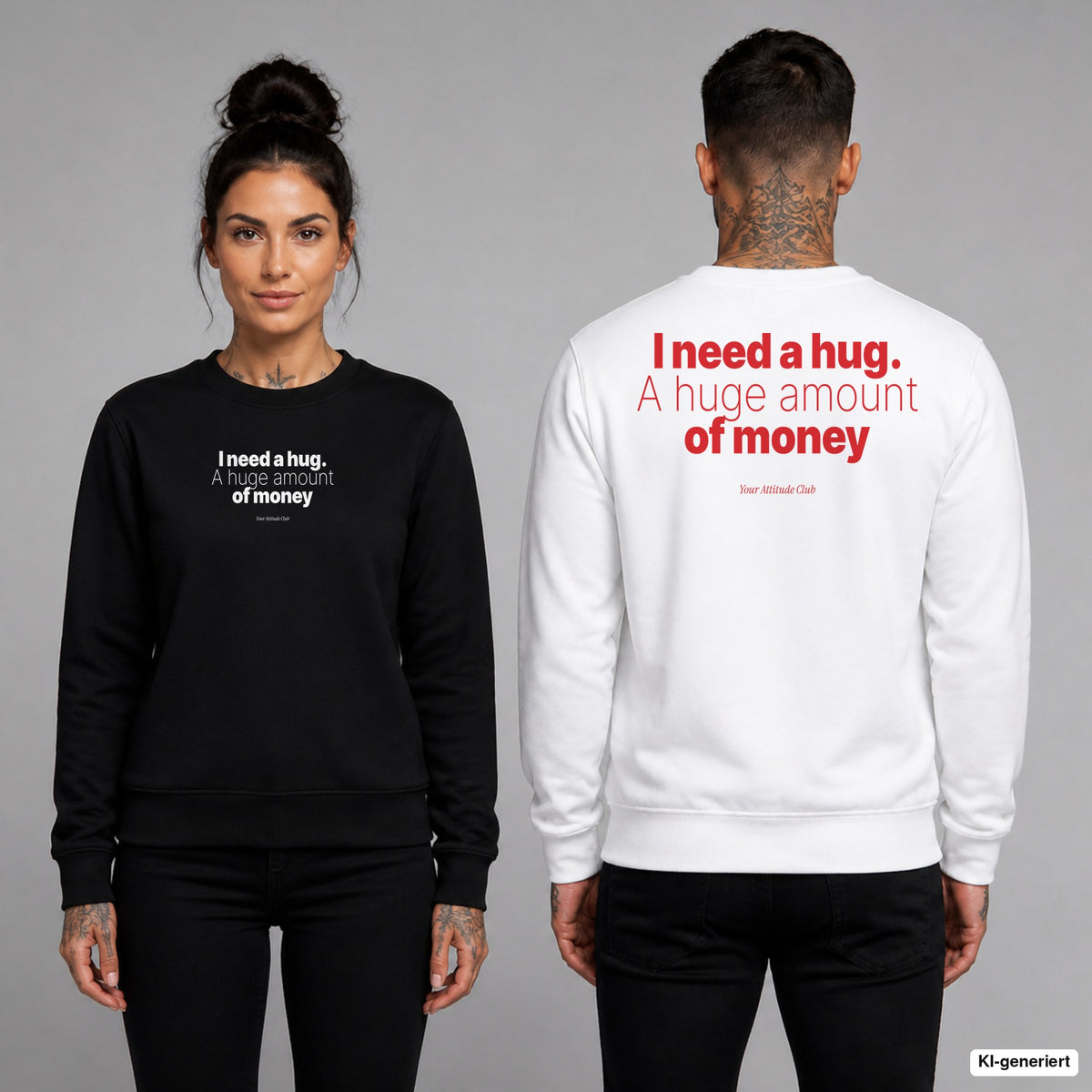 I need a hug. A huge amount of money – Pullover unisex mit Frontprint (Frau, Schwarz) und Backprint (Mann, Weiß)