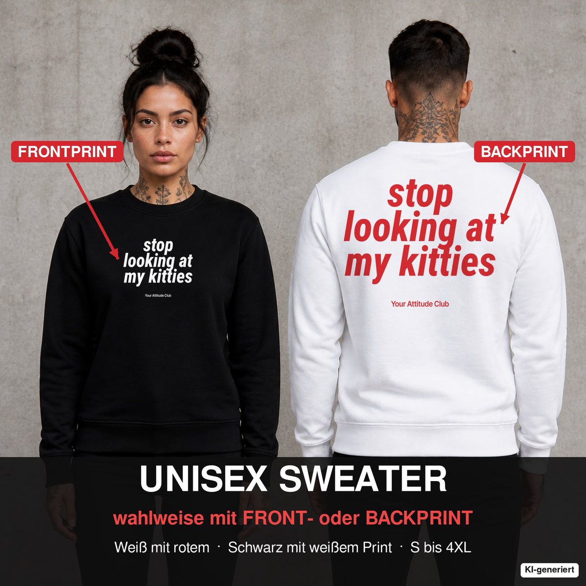 Stop looking at my kitties – Pullover wahlweise mit Front- oder Backprint, Paar vor Betonwand