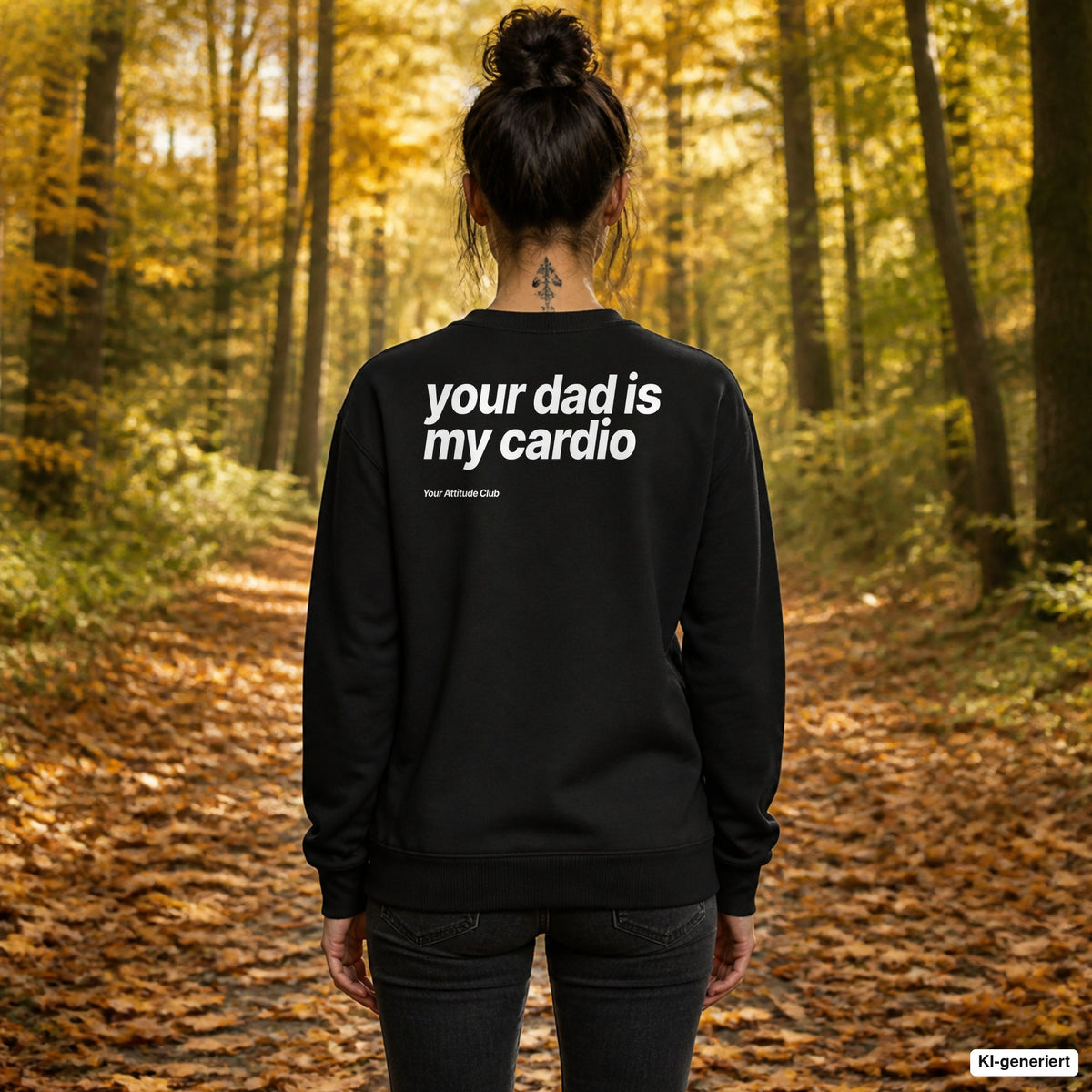 Your dad is my cardio – schwarzer Pullover mit weißem Backprint, Damen beim Herbstspaziergang