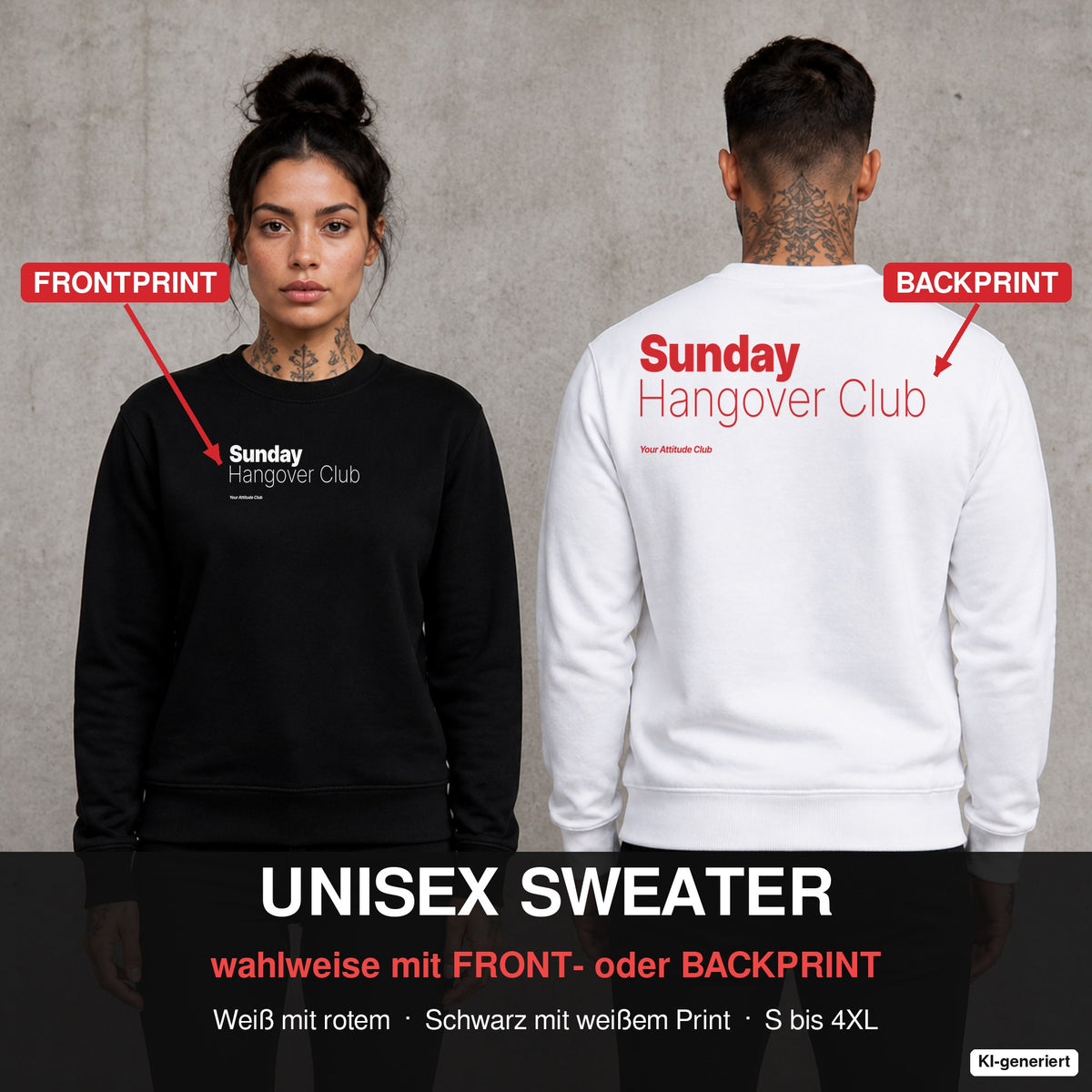 Sunday hangover club – Pullover wahlweise mit Front- oder Backprint, Paar vor Betonwand