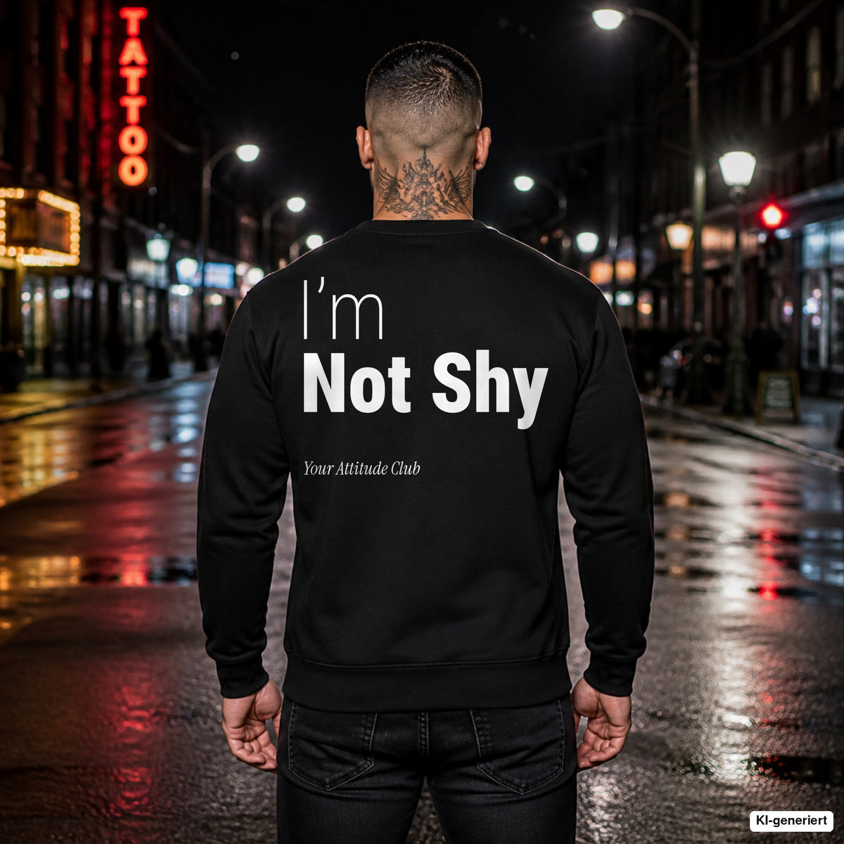 I’m not shy – schwarzer Pullover mit weißem Backprint, Herren in der Stadt bei Nacht