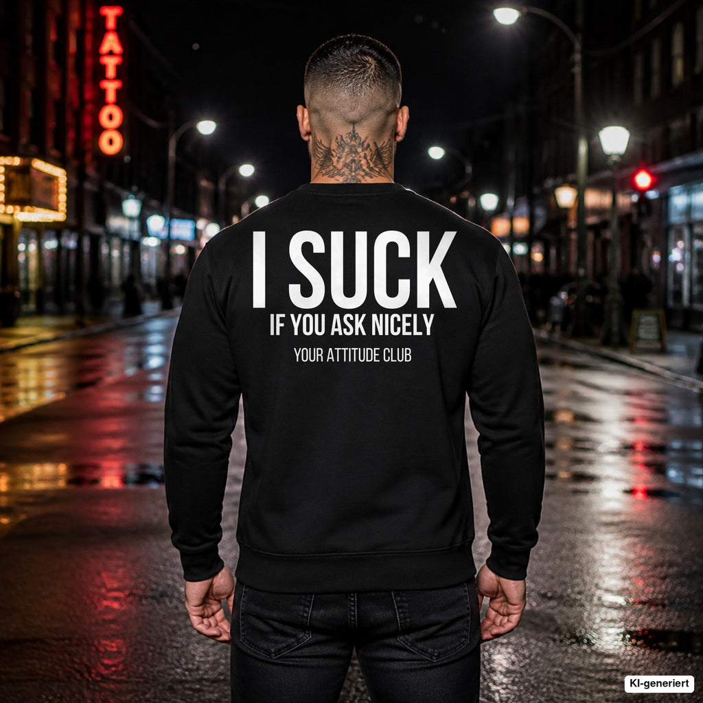 I suck if you ask nicely – schwarzer Pullover mit weißem Backprint, Herren in der Stadt bei Nacht