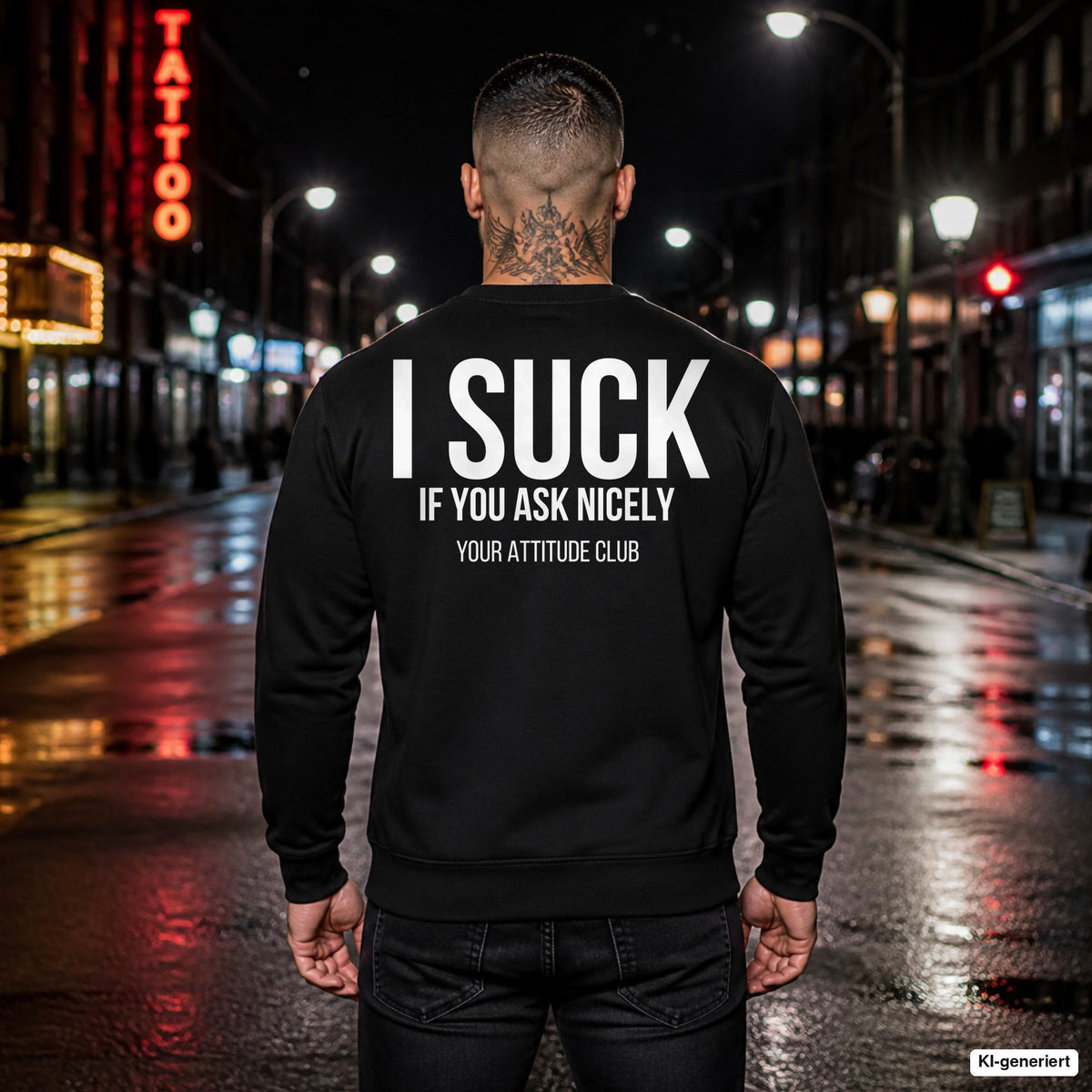 I suck if you ask nicely – schwarzer Pullover mit weißem Backprint, Herren in der Stadt bei Nacht
