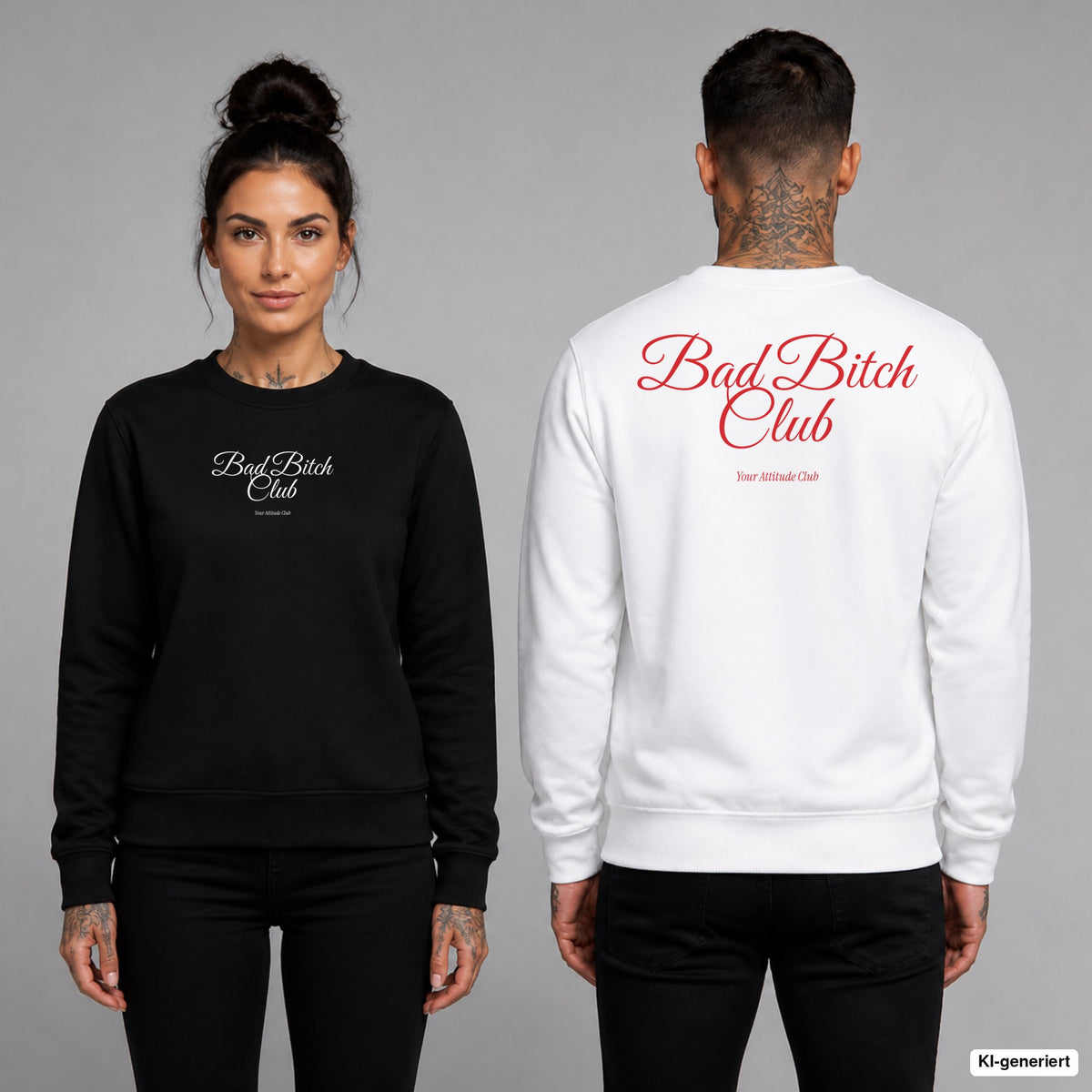 Bad bitch club – Pullover unisex mit Frontprint (Frau, Schwarz) und Backprint (Mann, Weiß)