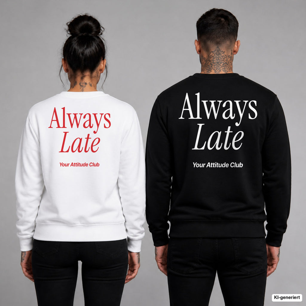 Always late – Pullover mit Backprint, Frau in Weiß mit rotem und Mann in Schwarz mit weißem Aufdruck