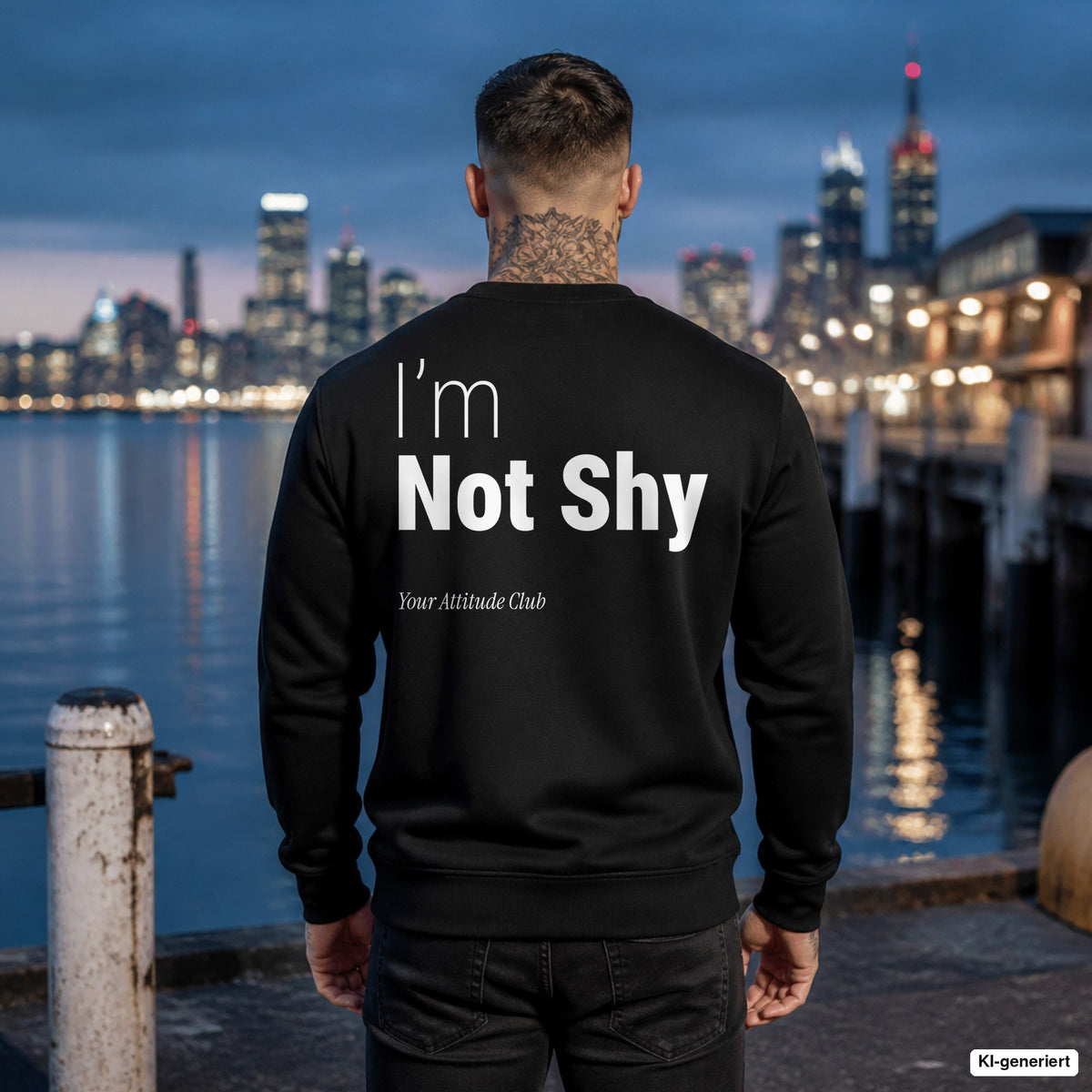 I’m not shy – schwarzer Pullover mit weißem Backprint, Herren am Hafen