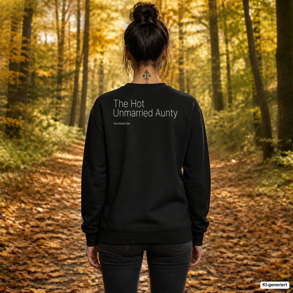 The hot unmarried aunty – schwarzer Pullover mit weißem Backprint, Damen beim Herbstspaziergang