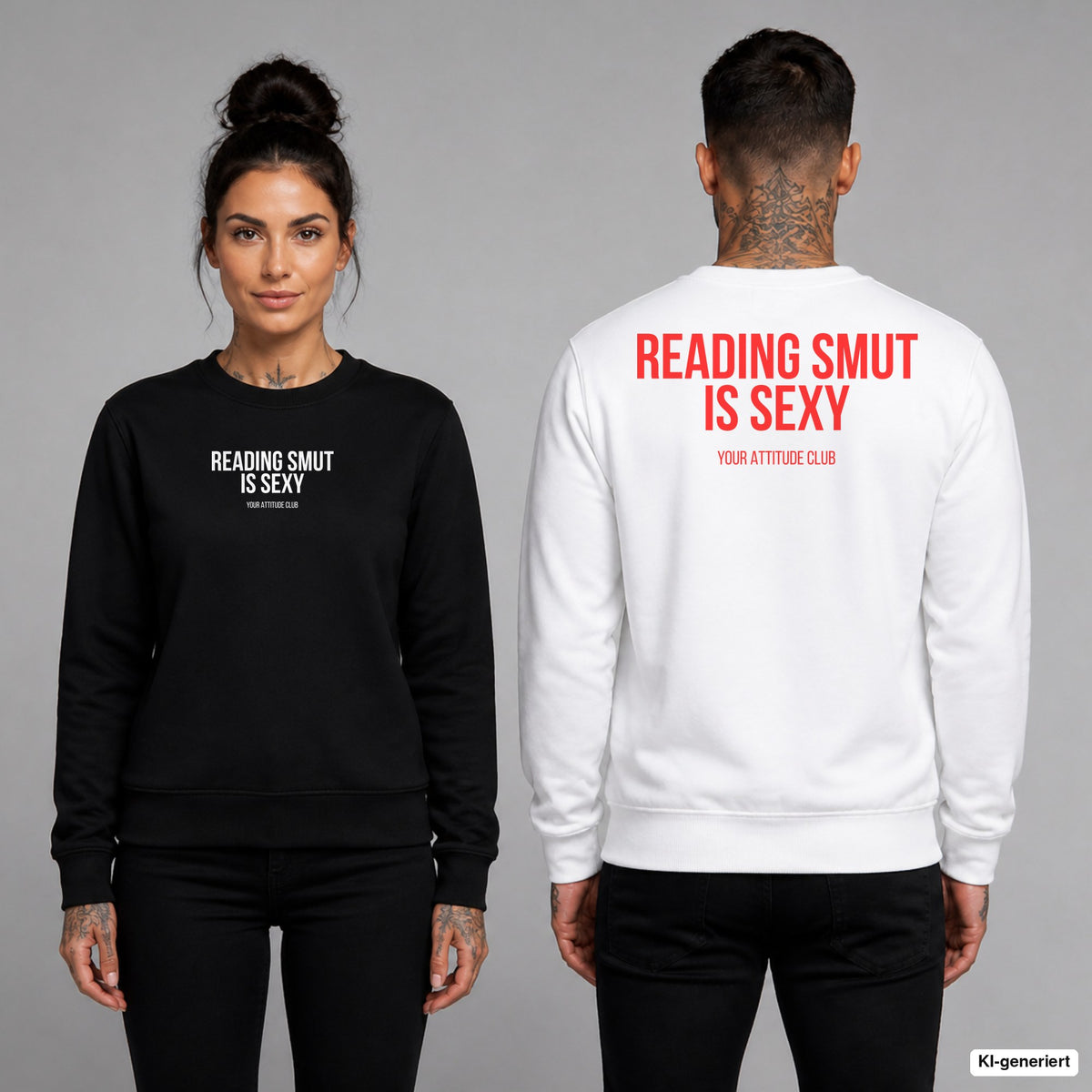 Reading smut is sexy – Pullover unisex mit Frontprint (Frau, Schwarz) und Backprint (Mann, Weiß)