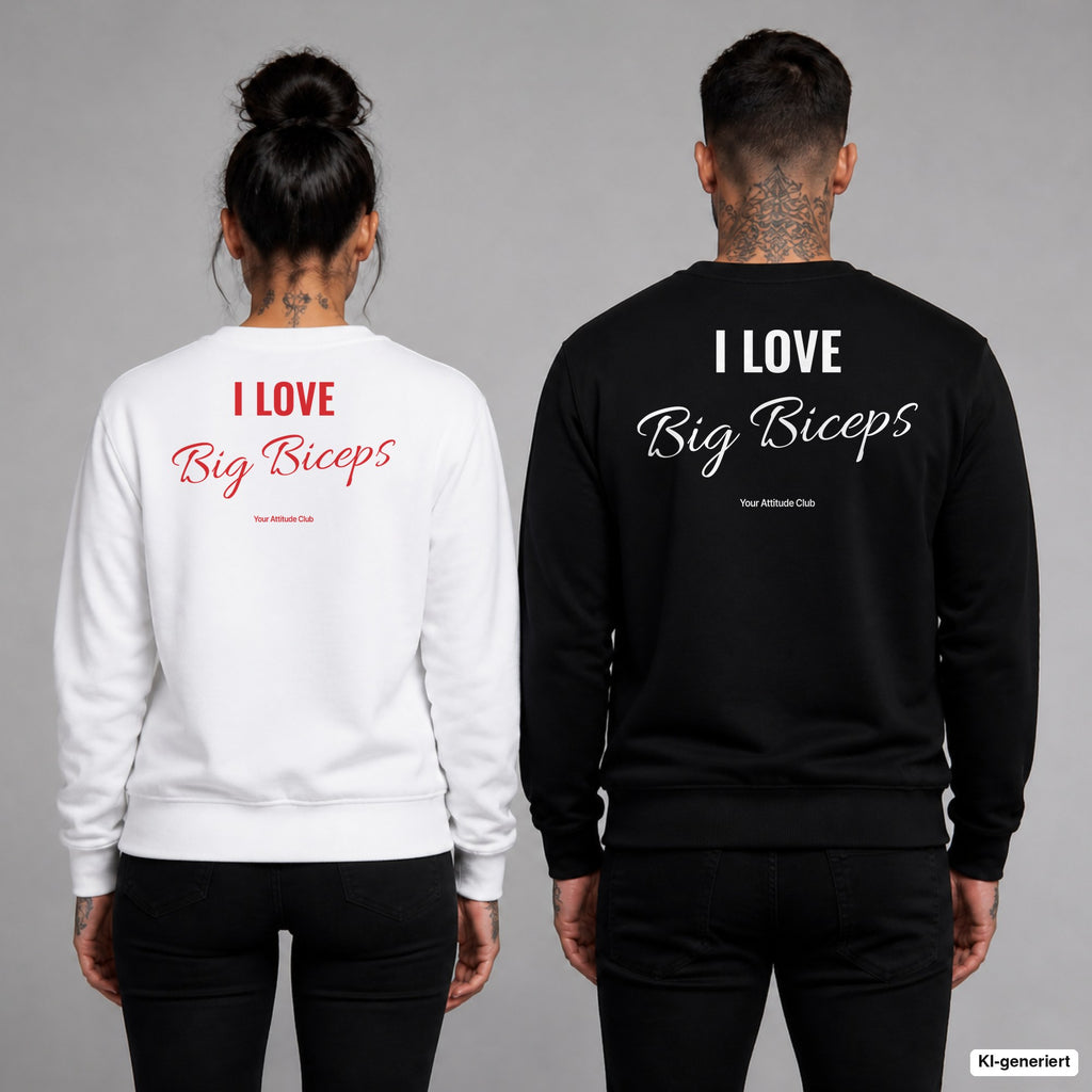 I love big biceps – Pullover mit Backprint, Frau in Weiß mit rotem und Mann in Schwarz mit weißem Aufdruck