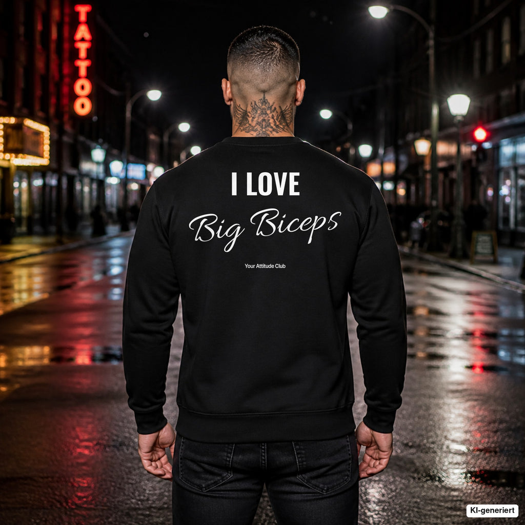 I love big biceps – schwarzer Pullover mit weißem Backprint, Herren in der Stadt bei Nacht