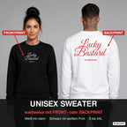 Lucky bastard – Pullover wahlweise mit Frontprint oder Backprint – Frau vorne in Schwarz, Mann hinten in Weiß