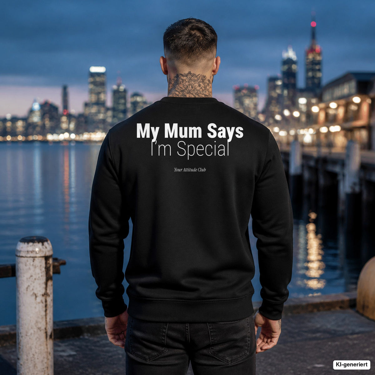 My mum says I’m special – schwarzer Pullover mit weißem Backprint, Herren am Hafen