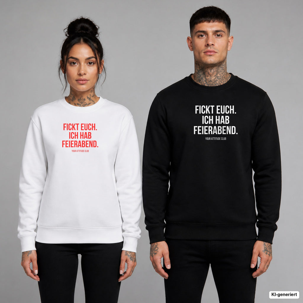 Fickt euch. Ich hab Feierabend – Pullover mit Frontprint, Frau in Weiß mit rotem und Mann in Schwarz mit weißem Aufdruck