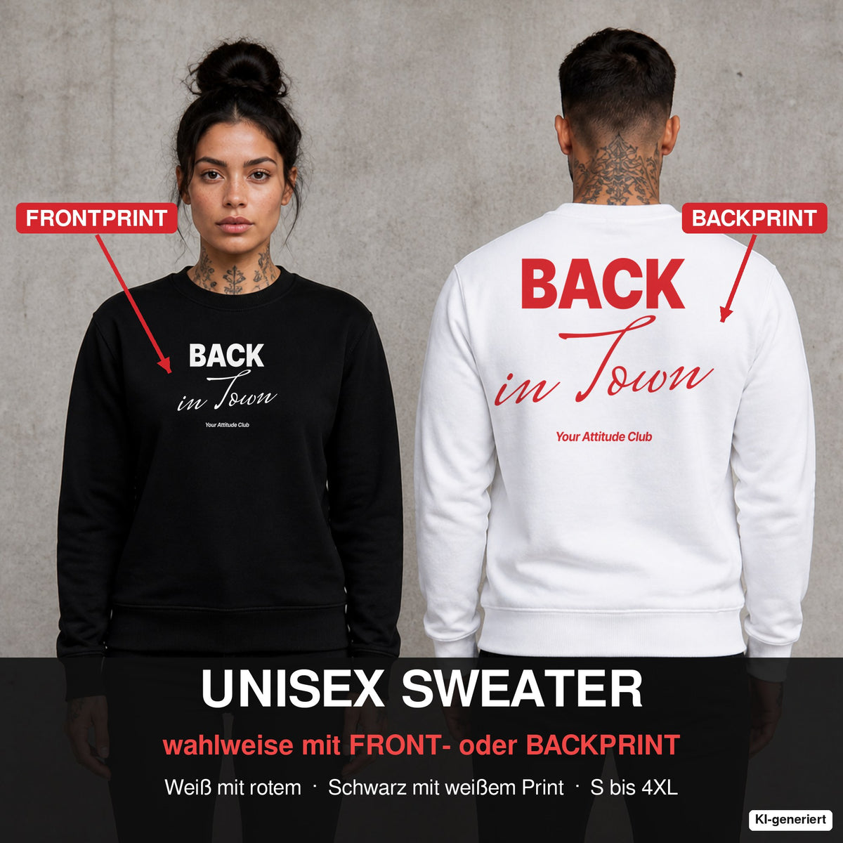 Back in town – Pullover wahlweise mit Front- oder Backprint, Paar vor Betonwand