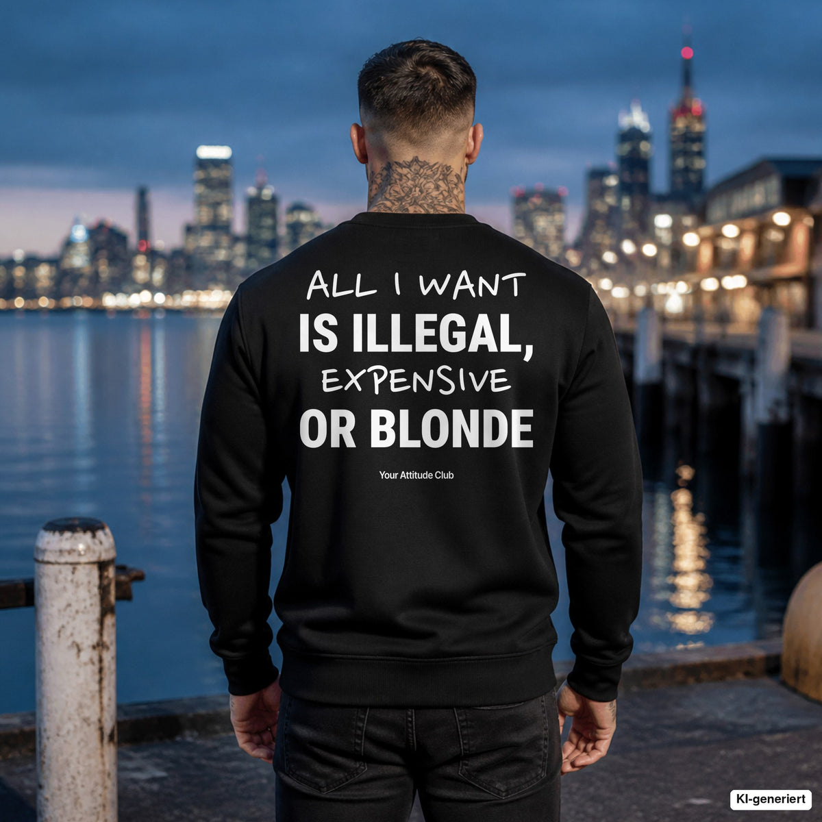 All I want is illegal, expensive or blonde – schwarzer Pullover mit weißem Backprint, Herren am Hafen