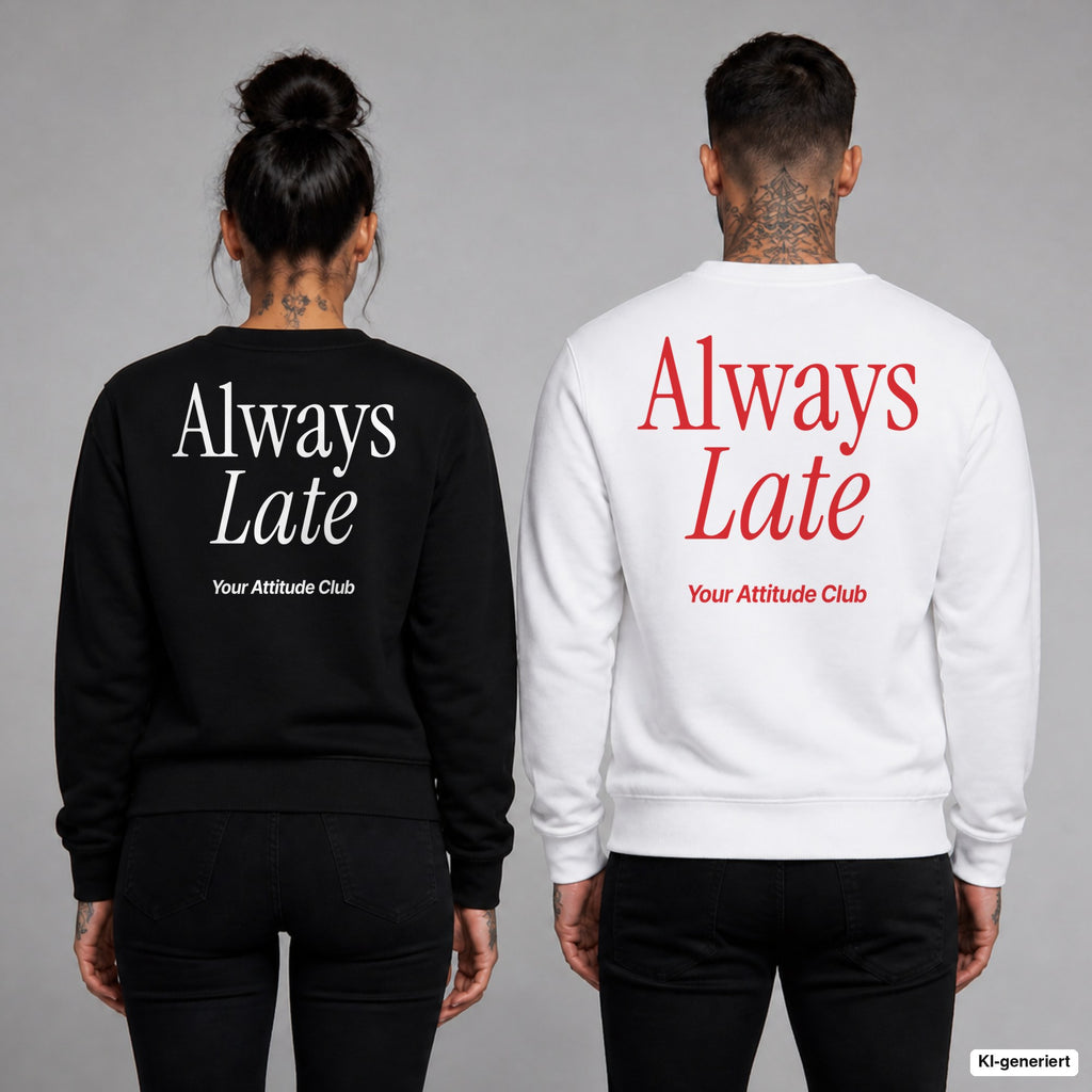 Always late – Pullover mit Backprint, Frau in Schwarz und Mann in Weiß