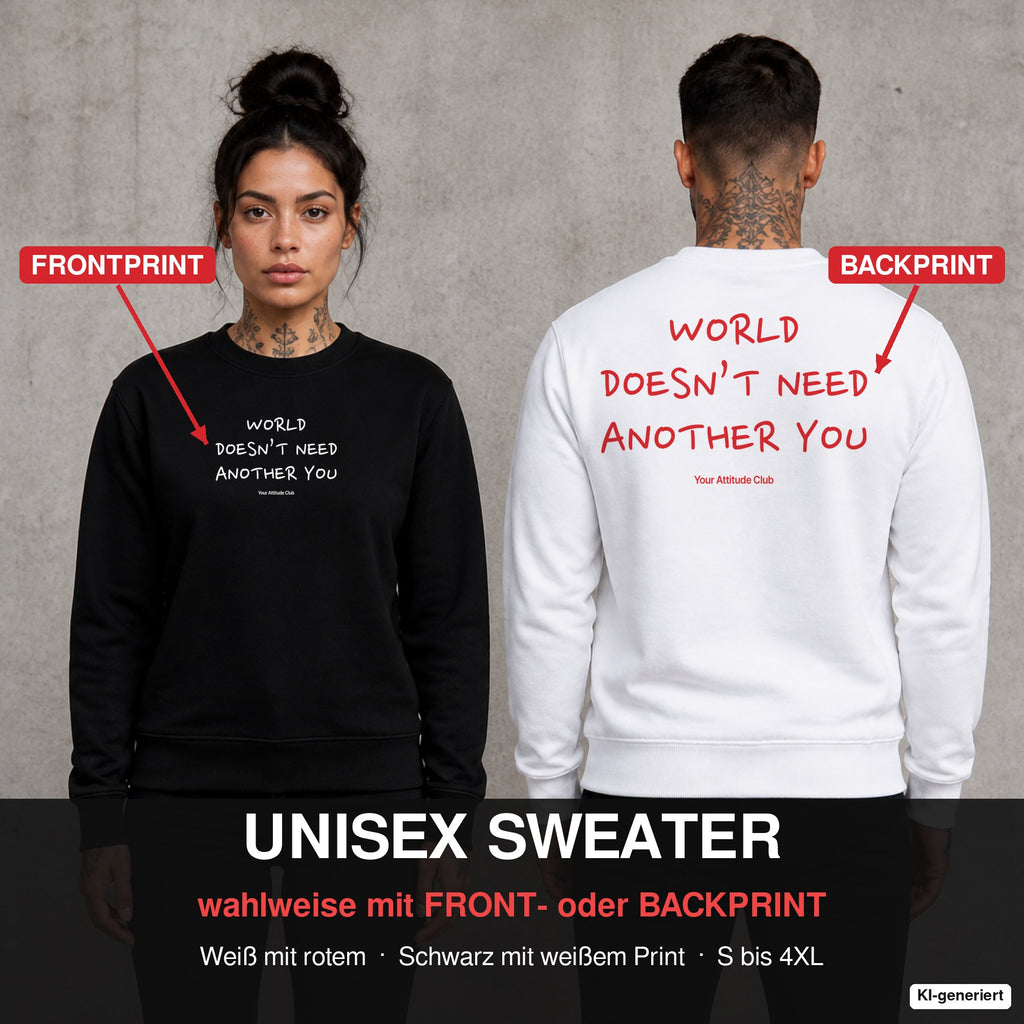 World doesn’t need another you – Pullover wahlweise mit Front- oder Backprint, Paar vor Betonwand