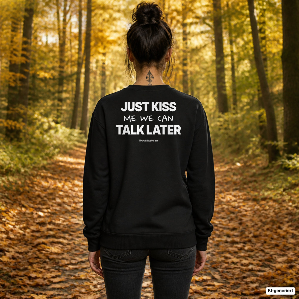 Just kiss me, we can talk later – schwarzer Pullover mit weißem Backprint, Damen beim Herbstspaziergang