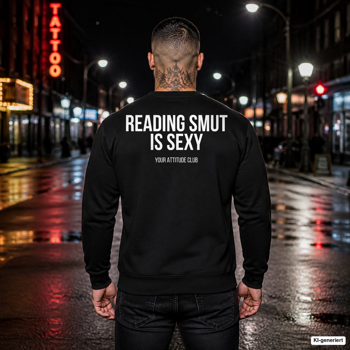 Reading smut is sexy – schwarzer Pullover mit weißem Backprint, Herren in der Stadt bei Nacht