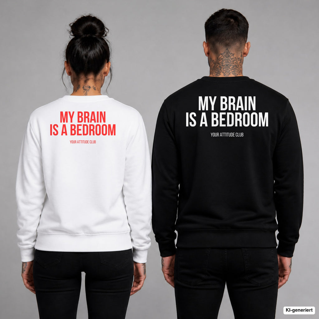 My brain is a bedroom – Pullover mit Backprint, Frau in Weiß mit rotem und Mann in Schwarz mit weißem Aufdruck
