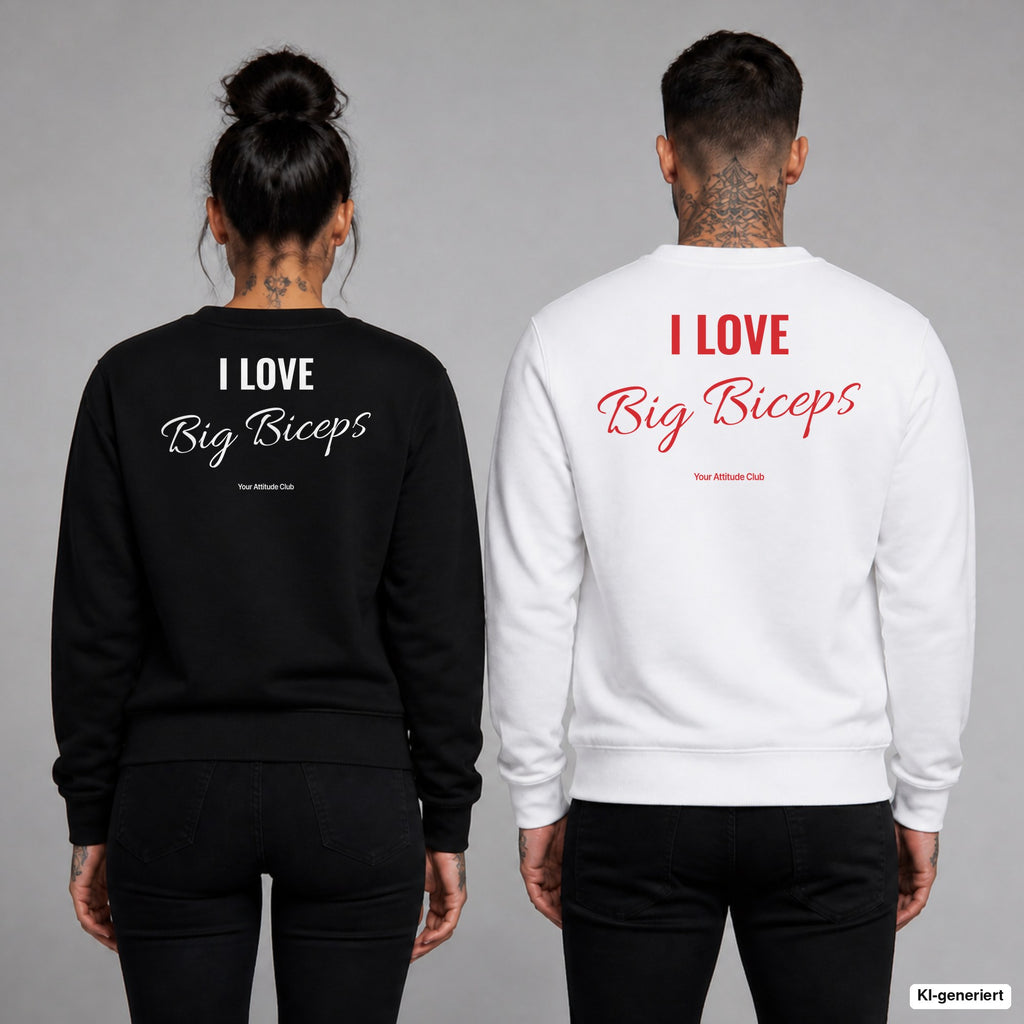 I love big biceps – Pullover mit Backprint, Frau in Schwarz und Mann in Weiß
