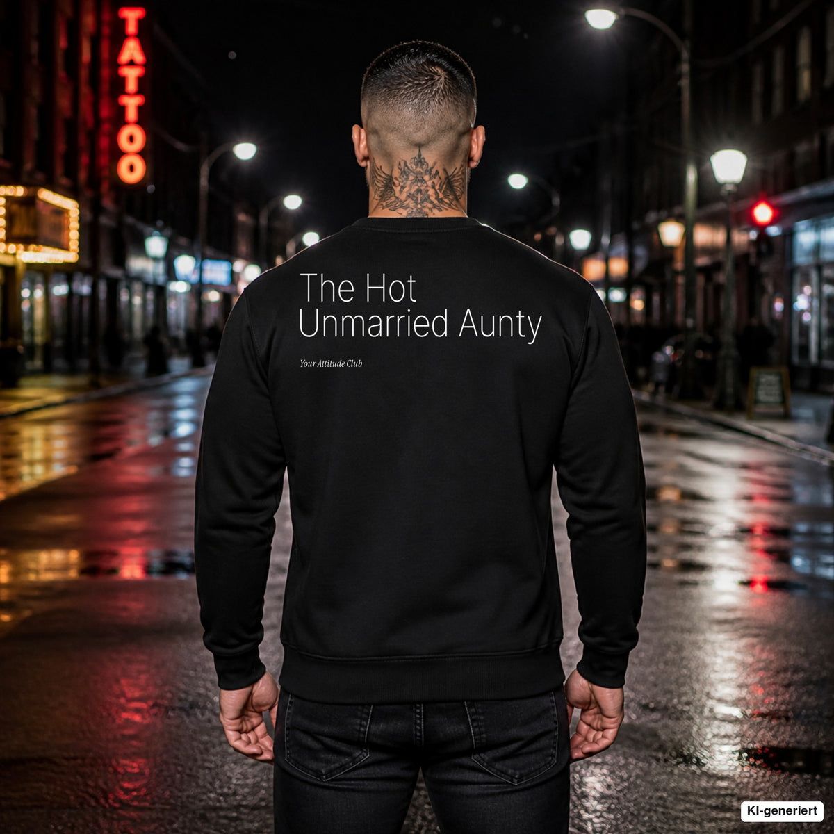 The hot unmarried aunty – schwarzer Pullover mit weißem Backprint, Herren in der Stadt bei Nacht