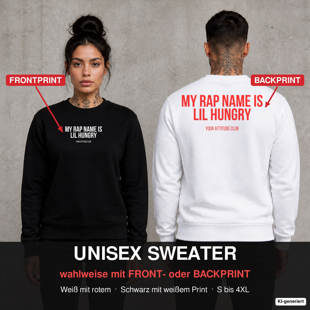 My rap name is lil hungry – Pullover wahlweise mit Front- oder Backprint, Paar vor Betonwand