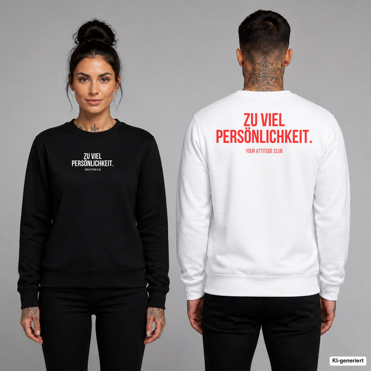 ZU VIEL PERSÖNLICHKEIT. – Pullover unisex mit Frontprint (Frau, Schwarz) und Backprint (Mann, Weiß)