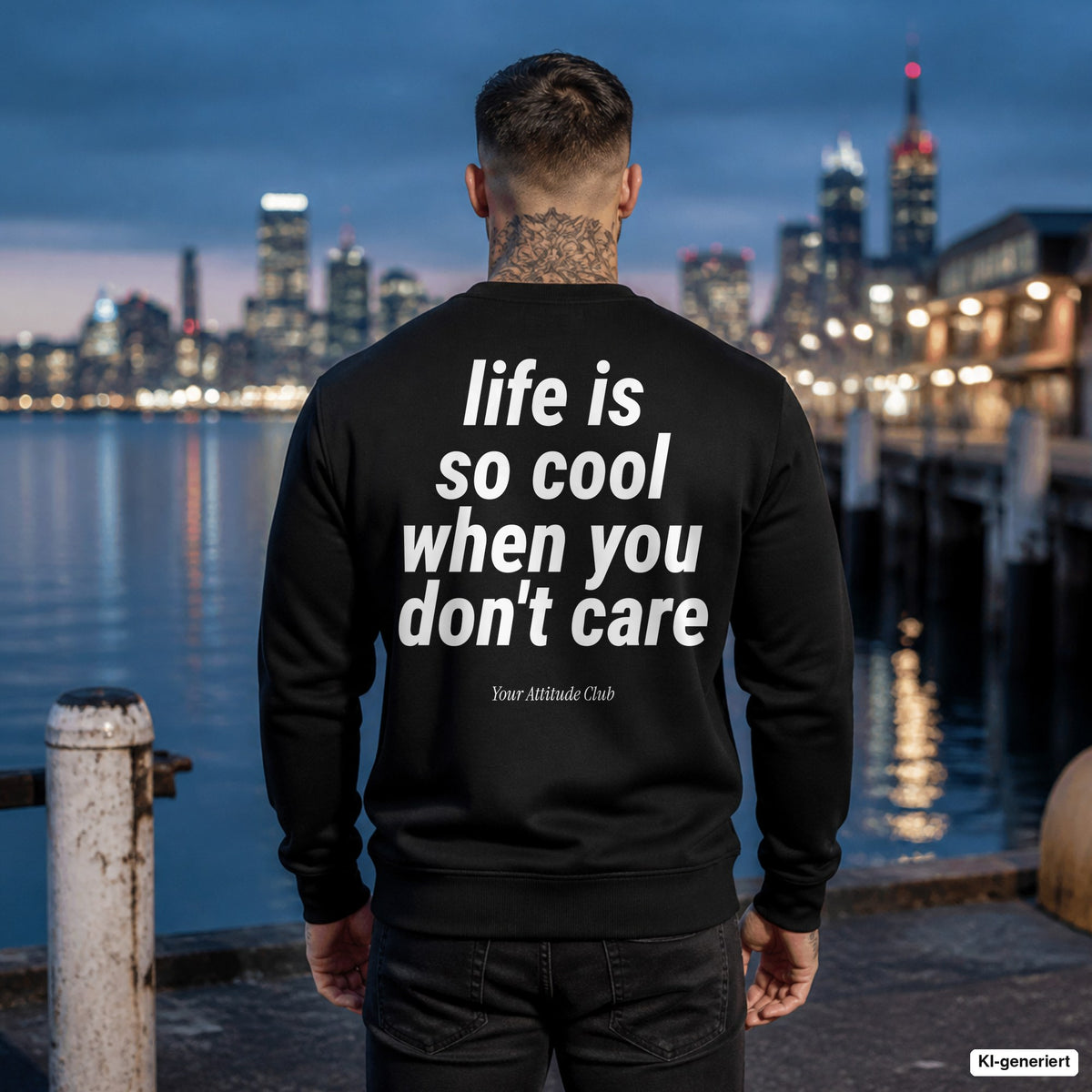 Life is so cool when you don’t care – schwarzer Pullover mit weißem Backprint, Herren am Hafen