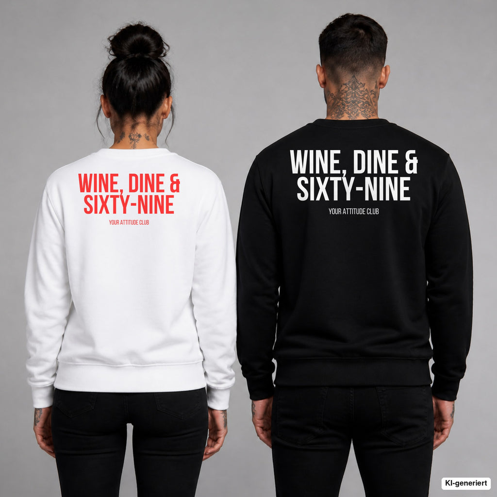 WINE, DINE & SIXTY-NINE – Pullover mit Backprint, Frau in Weiß mit rotem und Mann in Schwarz mit weißem Aufdruck