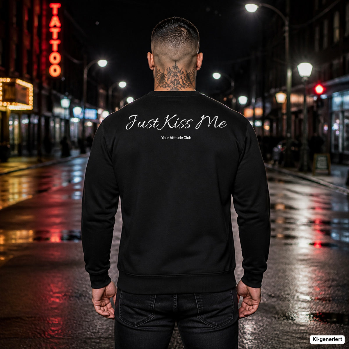 Just kiss me – schwarzer Pullover mit weißem Backprint, Herren in der Stadt bei Nacht