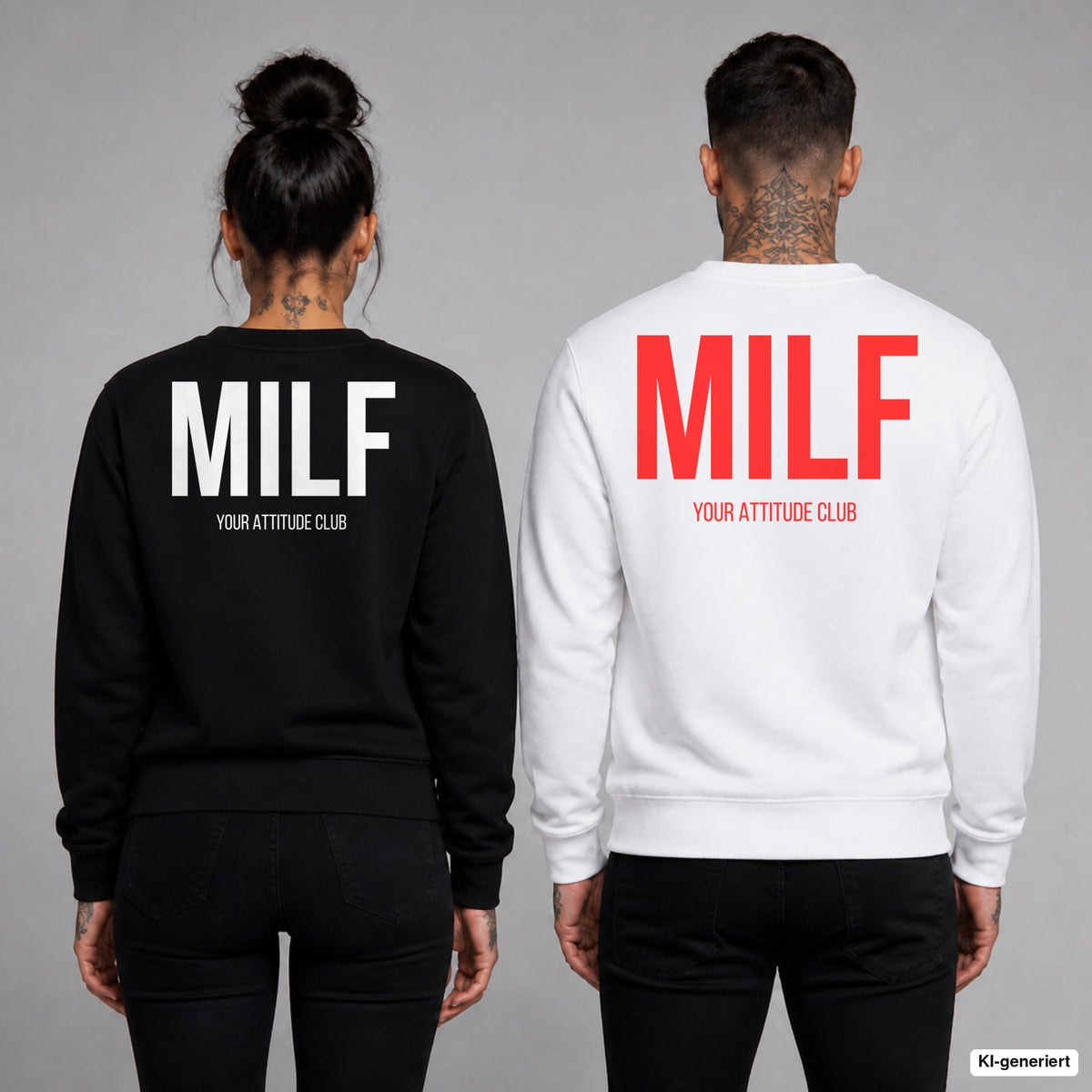 MILF – Pullover mit Backprint, Frau in Schwarz und Mann in Weiß