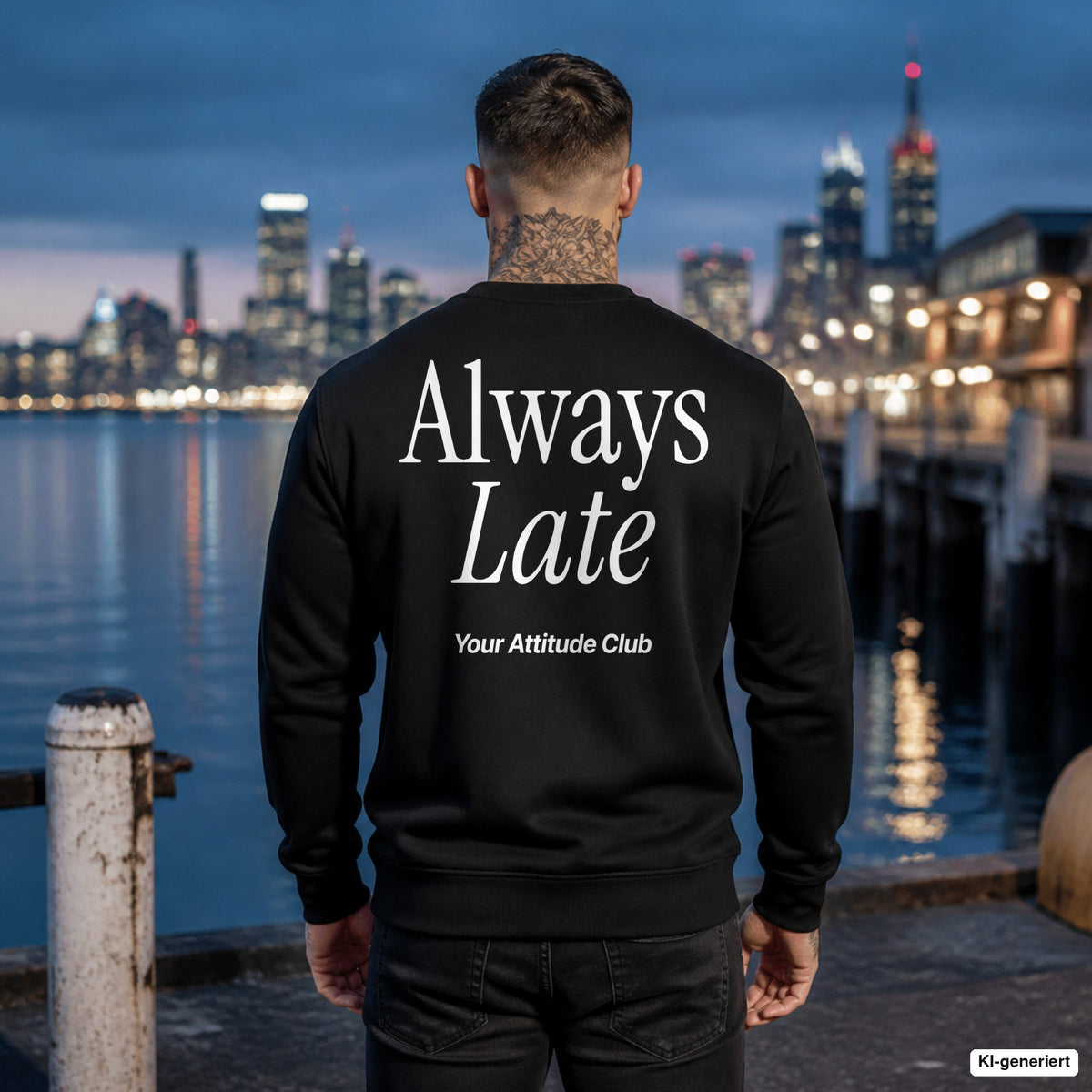 Always late – schwarzer Pullover mit weißem Backprint, Herren am Hafen