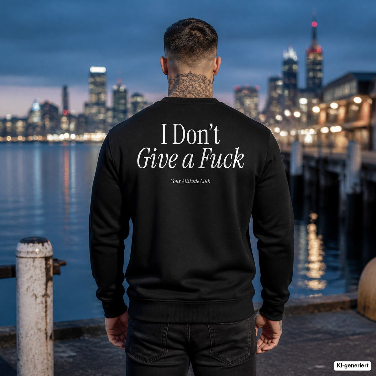 I don’t give a fuck – schwarzer Pullover mit weißem Backprint, Herren am Hafen