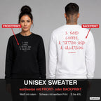 I need coffee, a tattoo and a vacation – Pullover wahlweise mit Frontprint oder Backprint – Frau vorne in Schwarz, Mann hinten in Weiß