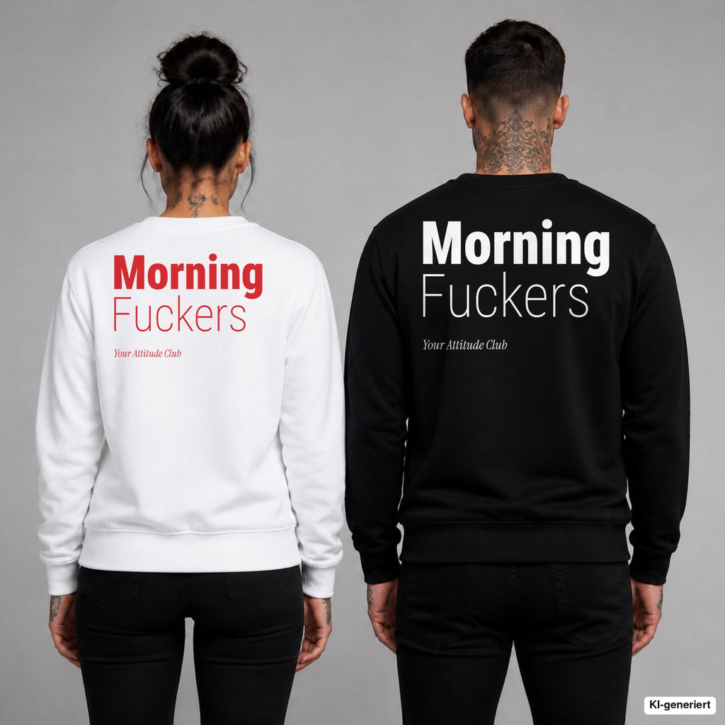Morning fuckers – Pullover mit Backprint, Frau in Weiß mit rotem und Mann in Schwarz mit weißem Aufdruck