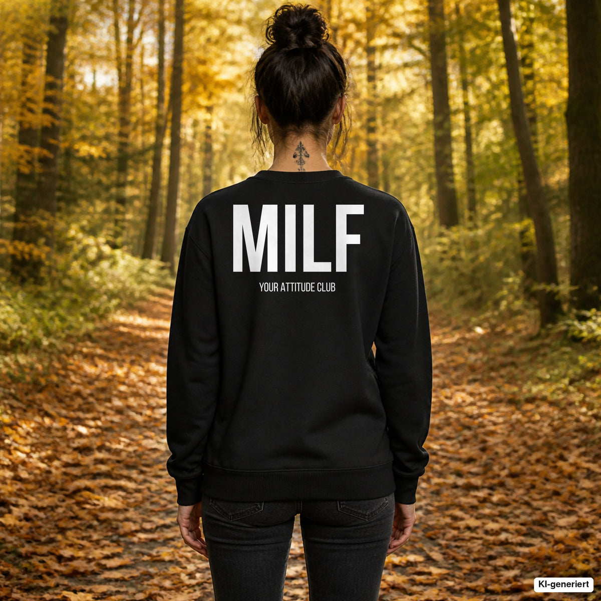 MILF – schwarzer Pullover mit weißem Backprint, Damen beim Herbstspaziergang