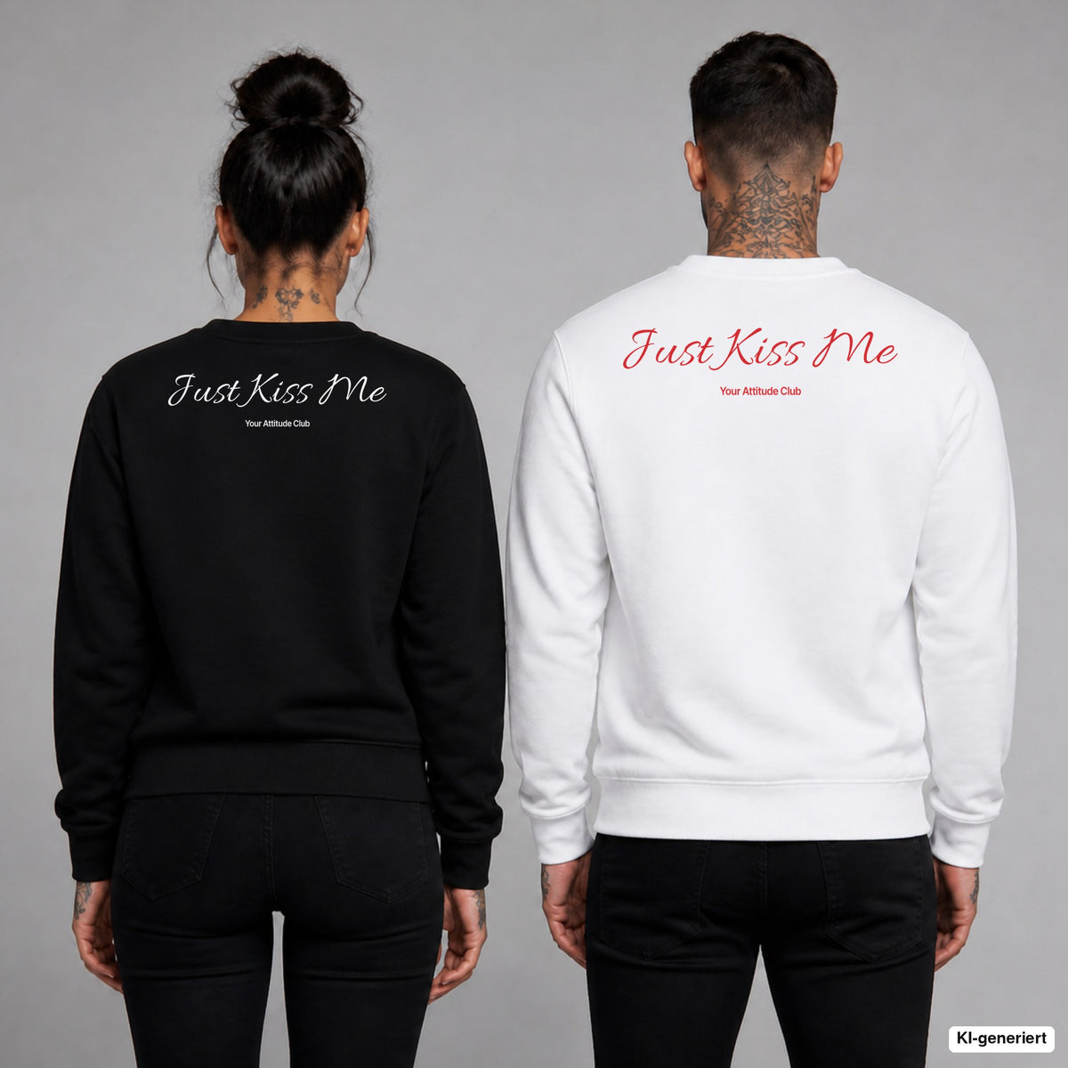 Just kiss me – Pullover mit Backprint, Frau in Schwarz und Mann in Weiß