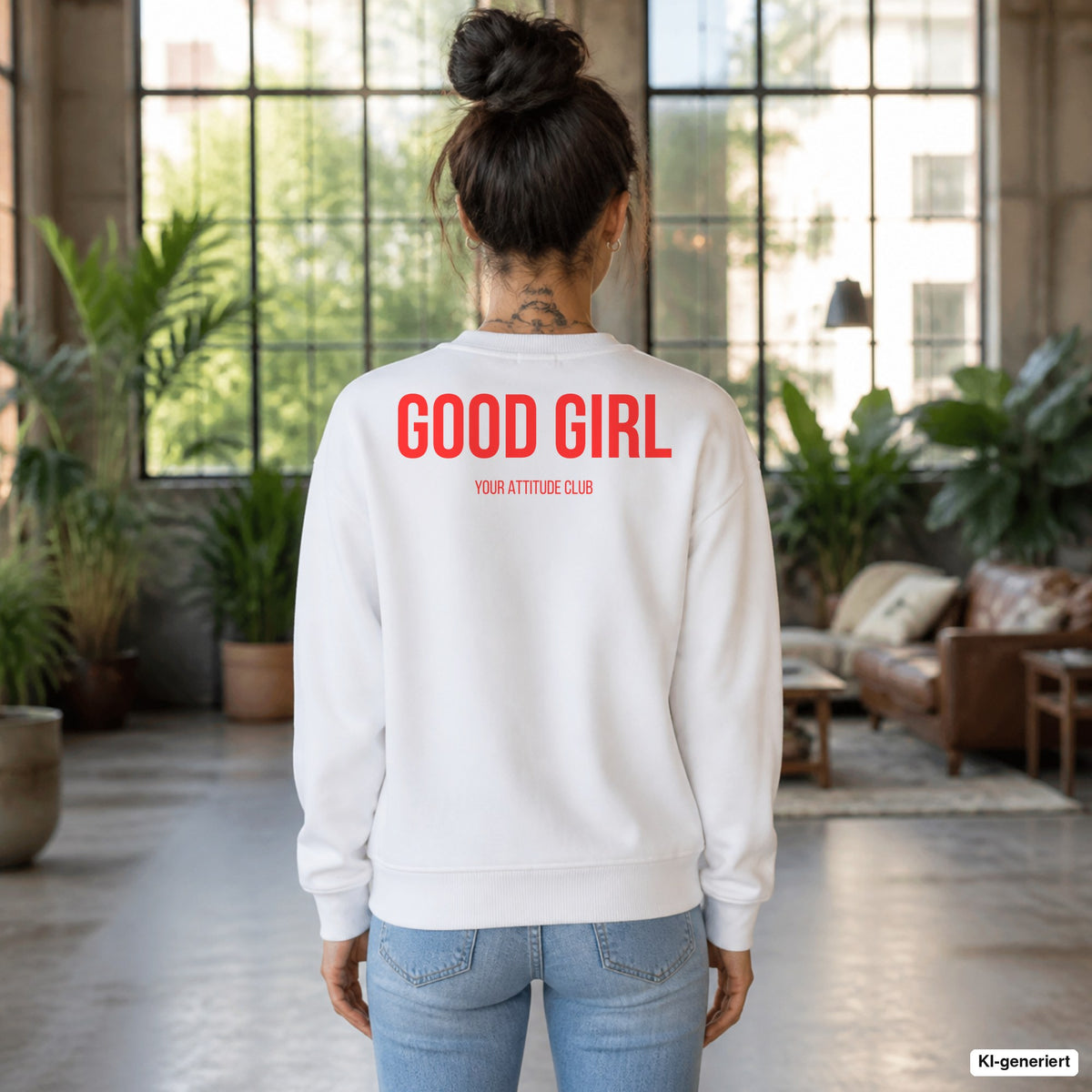 GOOD GIRL – weißer Pullover mit rotem Backprint, Damen im Loft