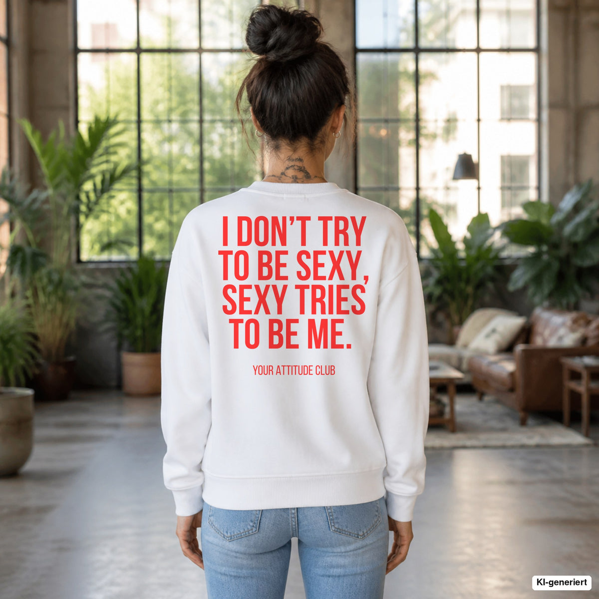I don’t try to be sexy, sexy tries to be me – weißer Pullover mit rotem Backprint, Damen im Loft