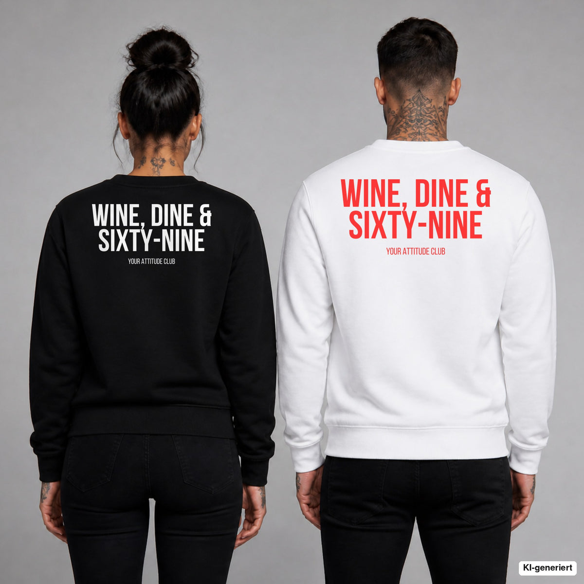 WINE, DINE & SIXTY-NINE – Pullover mit Backprint, Frau in Schwarz und Mann in Weiß