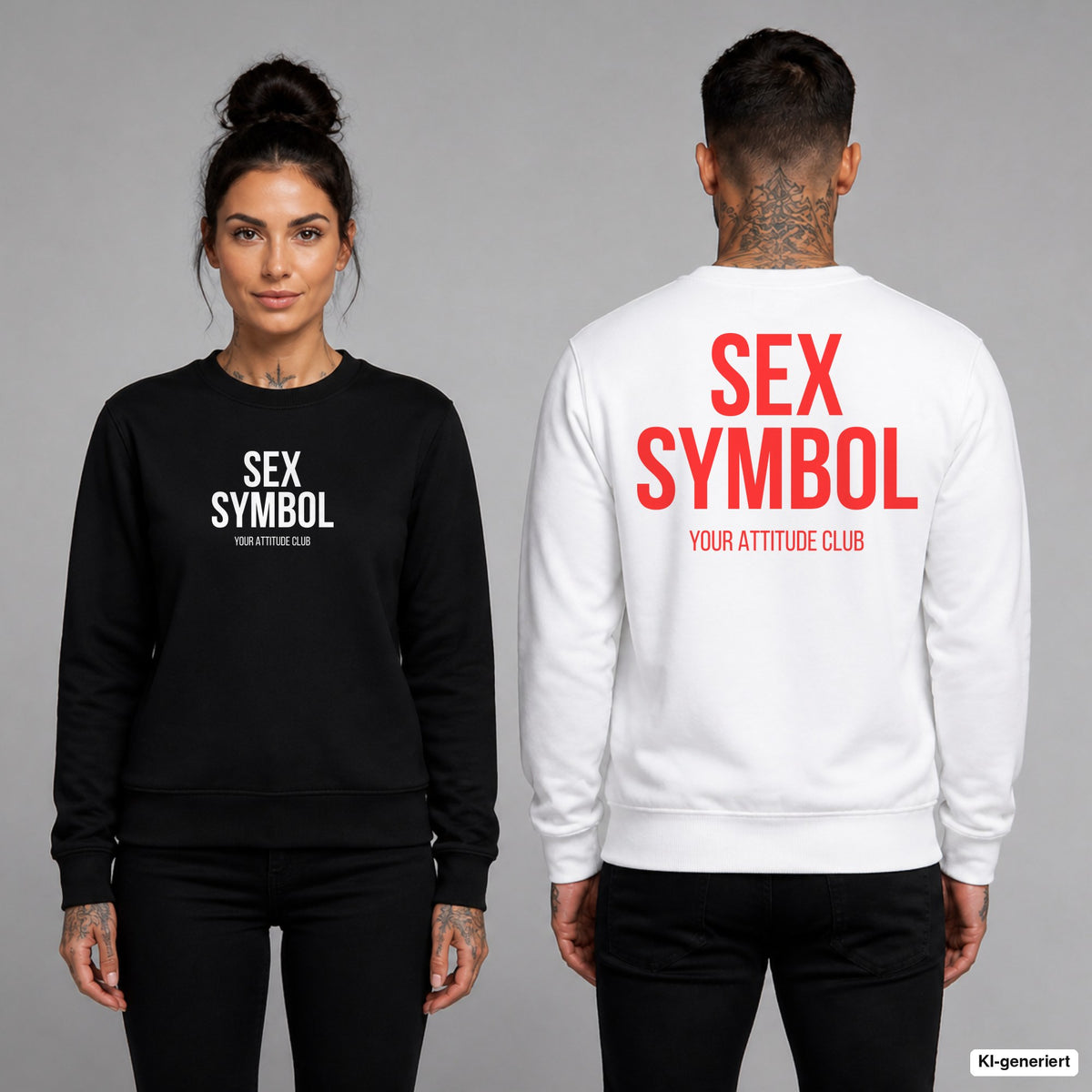 SEX SYMBOL – Pullover unisex mit Frontprint (Frau, Schwarz) und Backprint (Mann, Weiß)