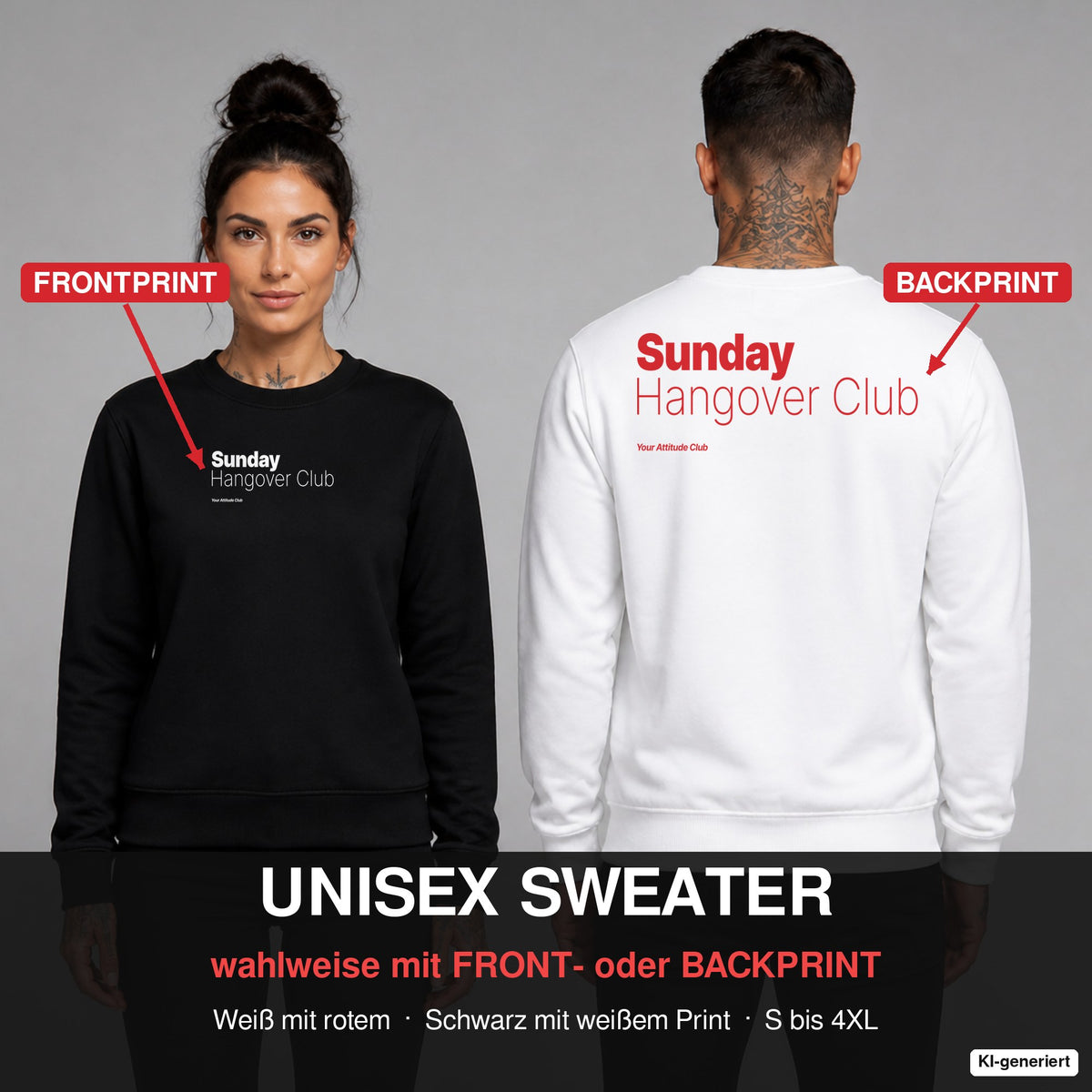 Sunday hangover club – Pullover wahlweise mit Frontprint oder Backprint – Frau vorne in Schwarz, Mann hinten in Weiß