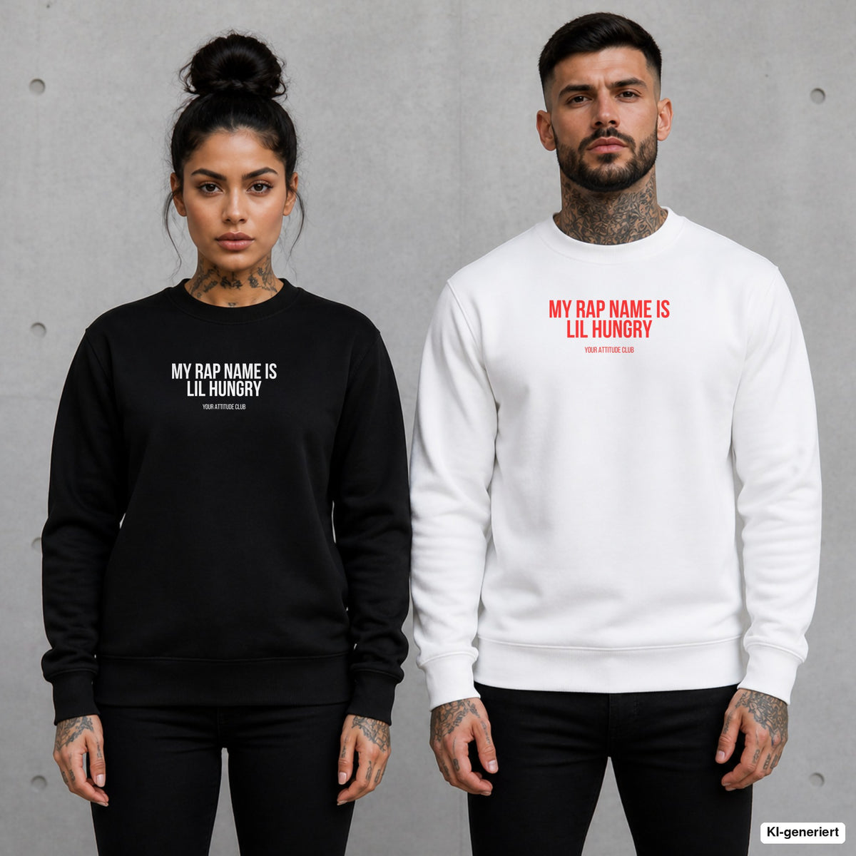 My rap name is lil hungry – Pullover mit Frontprint, Frau in Schwarz und Mann in Weiß vor Betonwand