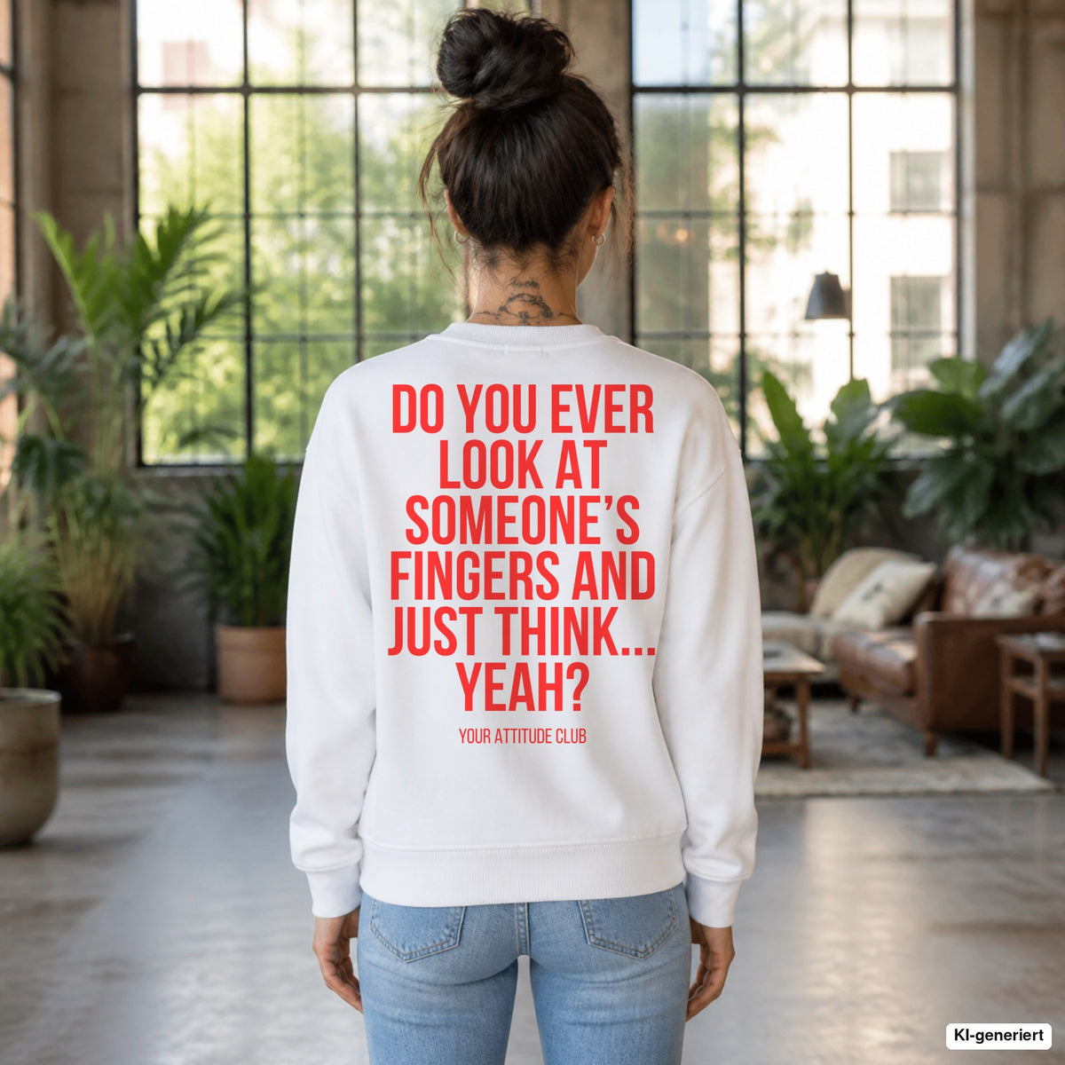 Do you ever look at someone’s fingers and just think... yeah – weißer Pullover mit rotem Backprint, Damen im Loft